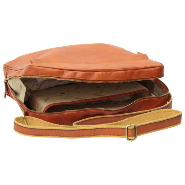 Tan full-grain leather messenger bag open showing dual compartments and canvas adjustable strap — men's professional laptop shoulder bag`