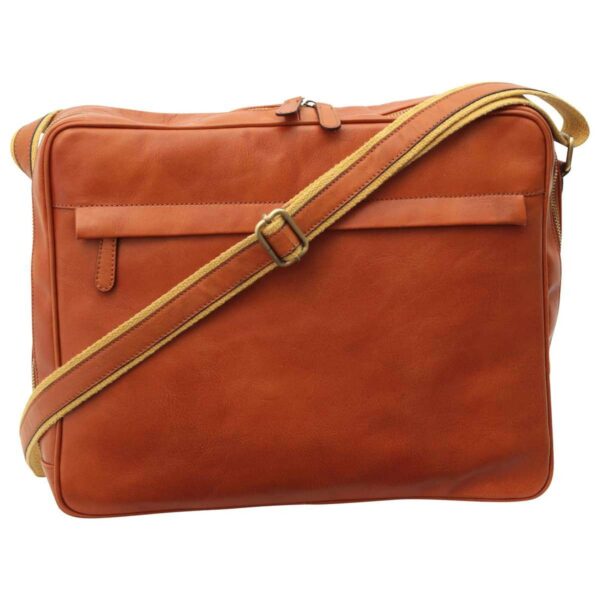 Cognac tan full-grain leather messenger bag back view with canvas adjustable strap and slip pocket — men's professional laptop shoulder bag`