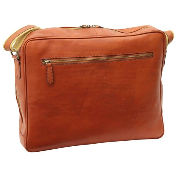 Cognac tan full-grain leather messenger bag back view with gold zipper pocket — men's professional laptop shoulder bag`