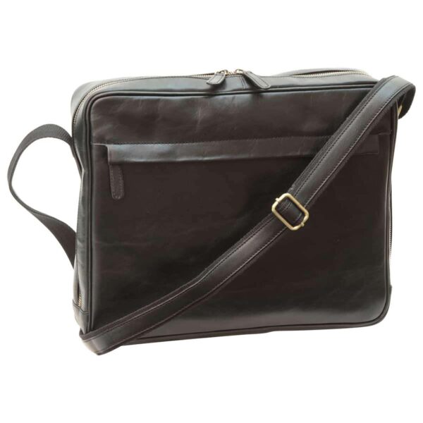 Large dark brown full-grain leather messenger bag back view with brass buckle strap and slip pocket — men's professional laptop shoulder bag`