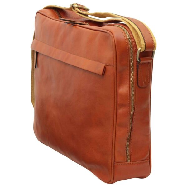 Tan full-grain Italian leather messenger bag with brass zipper and canvas strap — men's professional laptop crossbody bag`