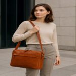 Luxury full-grain calfskin leather messenger bag with padded laptop compartment, dual exterior zip pockets, and adjustable leather strap for work and travel