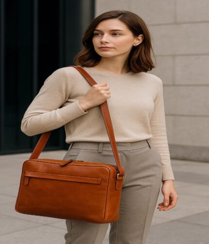 Luxury full-grain calfskin leather messenger bag with padded laptop compartment, dual exterior zip pockets, and adjustable leather strap for work and travel