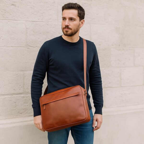 Man wearing tan full-grain leather messenger bag with shoulder strap — men's professional laptop crossbody work bag`