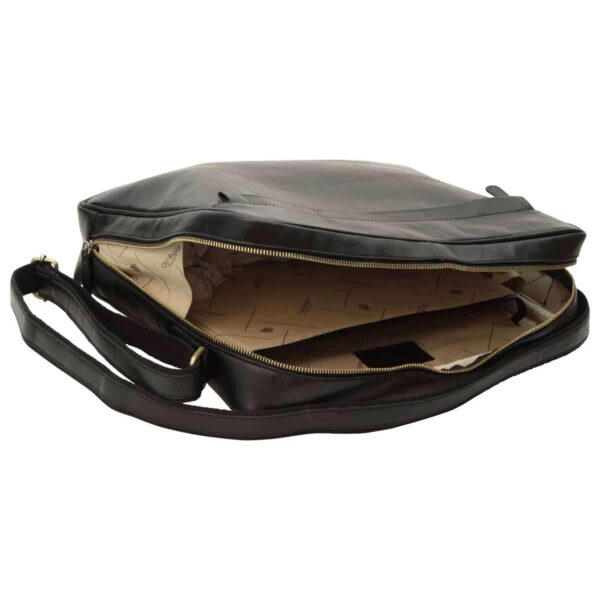 Black full-grain leather messenger bag open showing multiple compartments and beige interior lining — men's professional laptop shoulder bag`