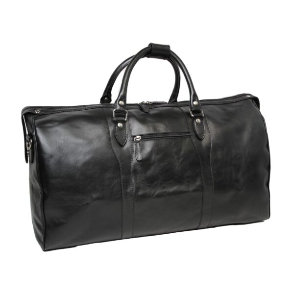A large, **black leather duffel bag** with a sleek, semi-glossy finish. It features two rounded top handles with a leather grip and **silver-toned metal hardware**. This view highlights a small, horizontal **zippered pocket** on the front center between the vertical leather straps. The bag has a spacious, rectangular shape ideal for travel or weekend trips.