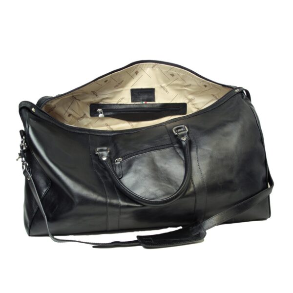 Black leather duffel travel bag, open view showing interior lining, inner zipper pocket, and leather handles.