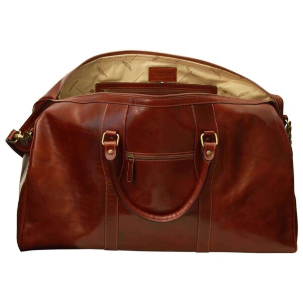Brown leather duffel travel bag, open view with interior lining, leather handles, and front zipper pocket.