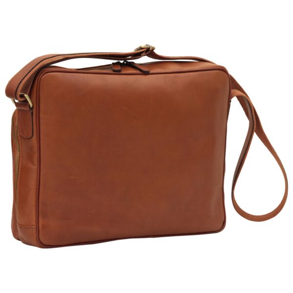 A front-angled view of a tan leather briefcase-style bag, showing a smooth, clean front panel with piped edges and a top zipper closure. It features an adjustable shoulder strap with antique brass hardware.