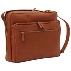 Tan genuine leather crossbody messenger bag with antique gold zippers, front zip pocket, adjustable shoulder strap and side slip pocket, front angle view