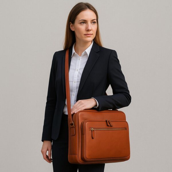 `Woman in black blazer carrying a tan genuine leather laptop briefcase with gold zipper and adjustable crossbody strap, professional work bag lifestyle shot`
