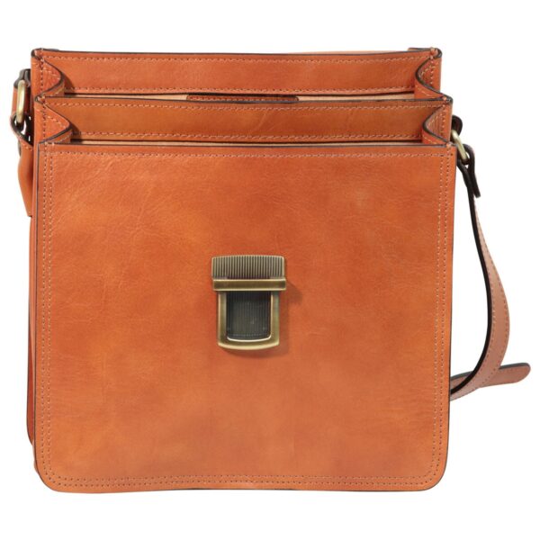`Tan genuine leather flap messenger bag with antique gold push-lock closure, multiple compartments, adjustable shoulder strap, front view`