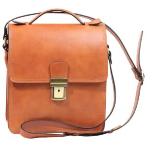 `Tan genuine leather flap messenger bag with antique gold push-lock clasp closure, top carry handle and adjustable shoulder strap, front view`