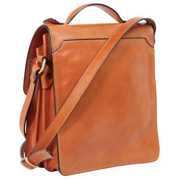 `Tan genuine leather flap messenger bag with structured flap closure, top carry handle, antique gold hardware and adjustable shoulder strap, back angle view showing clean panel`