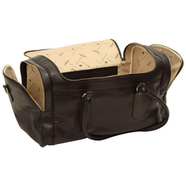 A large, black leather duffel bag shown with its main compartment and side panels unzipped, revealing a spacious interior lined with cream-colored fabric featuring a decorative logo print. The bag includes sturdy top carry handles and gold-toned zipper hardware.