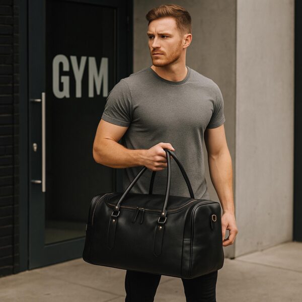 A man with short brown hair and a beard stands outside a gym, holding a large black leather duffel bag. He is wearing a grey t-shirt and looking off to the side.