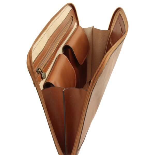 An open, tan leather portfolio briefcase shown from a top-down angle, revealing an organized interior with a zippered pocket, two flapped compartments, and various document slots.