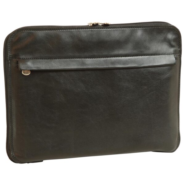 A sleek, professional black leather laptop sleeve featuring a horizontal front pocket with a small gold-tone metal logo, a zippered main compartment with gold hardware, and a smooth, polished finish.
