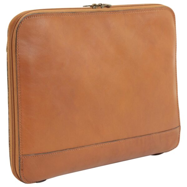 A closed, tan leather document case or laptop sleeve featuring a smooth, polished finish. The design includes a wrap-around zipper with dual metal pulls and a stitched horizontal panel at the bottom for reinforced structure.