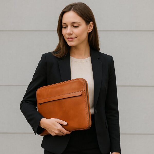 A professional woman wearing a black blazer and cream top holds a tan leather laptop sleeve against a light grey paneled wall.