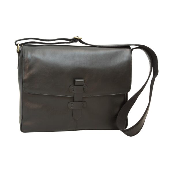 A front view of a black leather messenger bag featuring a single large flap and a vertical leather strap closure with two loops. A black canvas shoulder strap with leather trim is attached to the sides.