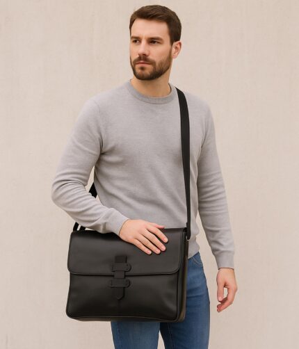 Luxury leather messenger bag with adjustable strap, laptop compartment, and organized pockets