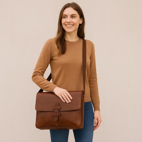 A smiling woman with long brown hair wearing a tan sweater and blue jeans, carrying a brown leather messenger bag over her shoulder against a plain, neutral background.