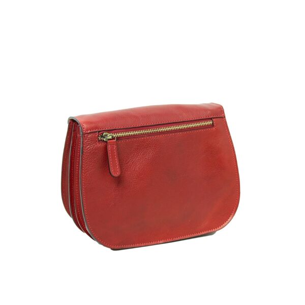 The back view of the vibrant red leather saddle bag, showcasing a horizontal zippered pocket with a matching leather puller and a clean, rounded silhouette against a white background.