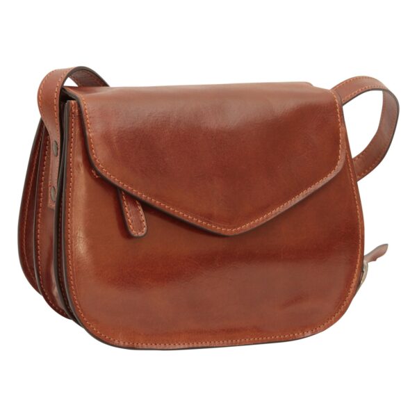 A classic tan brown leather saddle bag with a smooth, polished finish. It features a V-shaped envelope flap, tonal stitching, and an adjustable shoulder strap, shown against a white background.
