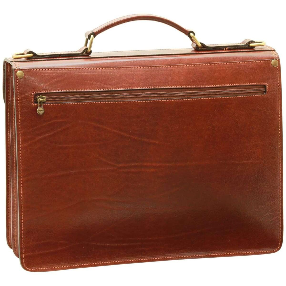 il_fullxfull.6840698682_cg8w.jpg Back view of a brown leather briefcase featuring a wide horizontal zippered pocket and a reinforced top handle