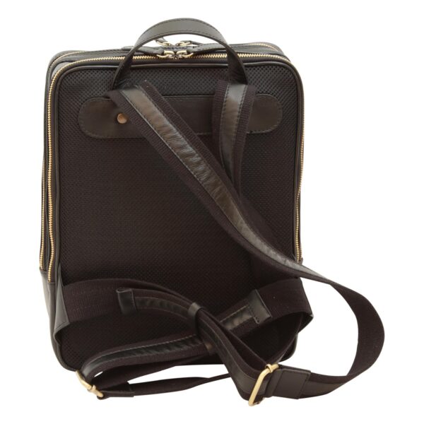 `Dark brown genuine leather and black mesh laptop backpack back view showing padded canvas shoulder straps, leather trim, top carry handle and antique gold side zipper`