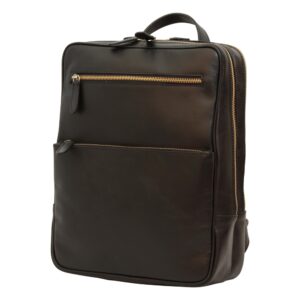 `Black genuine leather laptop backpack with antique gold top and front zip pockets, large front pocket, side zipper, adjustable shoulder straps and top carry handle, front angle view`