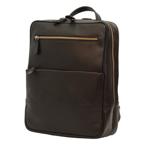 `Black genuine leather laptop backpack with antique gold top and front zip pockets, large front pocket, side zipper, adjustable shoulder straps and top carry handle, front angle view`
