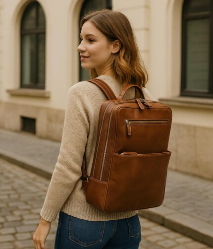 Luxury full-grain leather men’s backpack in brown – handcrafted Italian design, convertible, laptop-ready, ideal for business, travel, and daily city use.