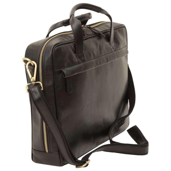 `Black genuine leather laptop briefcase with antique gold zipper and carabiner clip, front slip pocket, double top handles and adjustable shoulder strap, side angle view`