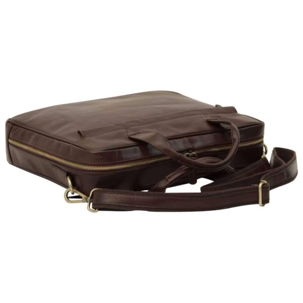 `Dark brown genuine leather laptop briefcase with antique gold zippers, double top handles and detachable adjustable shoulder strap, top-down angle view showing slim profile`