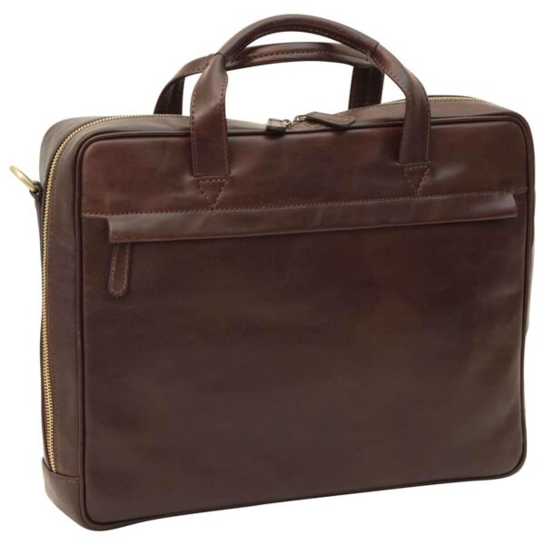 `Dark brown genuine leather large laptop briefcase with antique gold side zipper, front slip pocket, double top handles and shoulder strap attachment, front angle view`