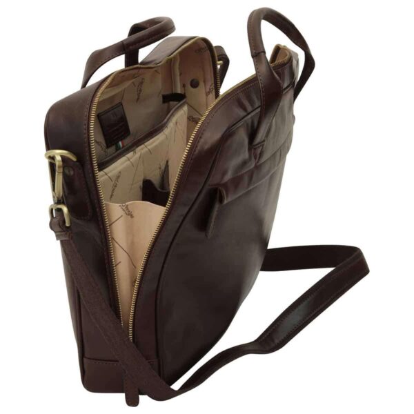 `Dark brown genuine leather laptop briefcase shown open revealing beige patterned interior lining with multiple compartments, gold zipper, double top handles and adjustable shoulder strap`