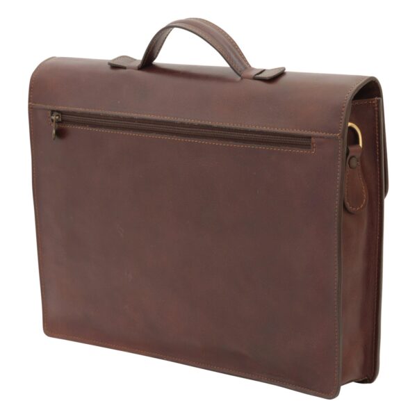 The back view of a rich, reddish-brown leather briefcase, highlighted by a full-width zippered pocket for quick-access items, a structured top handle, and brass hardware attachments on the side.