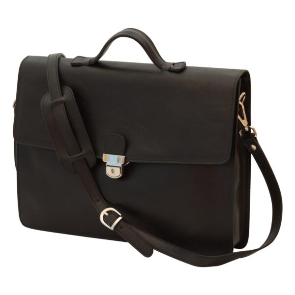 A sleek black leather briefcase with a top handle, a metallic silver tuck-lock clasp, and an adjustable shoulder strap against a plain white background.