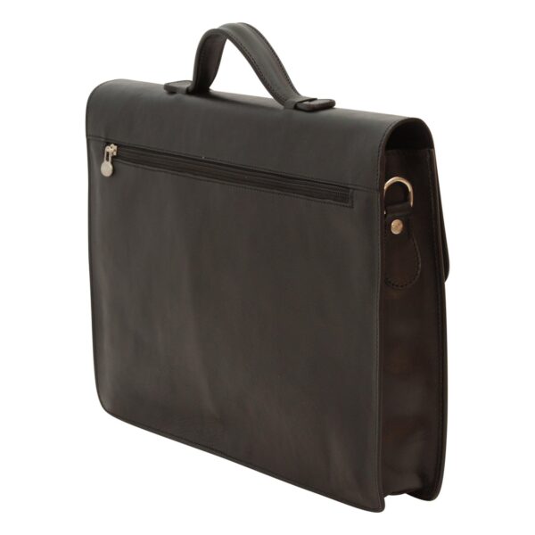 Το Gemini είπε The back of a sleek, black leather briefcase featuring a zippered horizontal pocket, a sturdy top handle, and a metal D-ring on the side for a shoulder strap attachment.