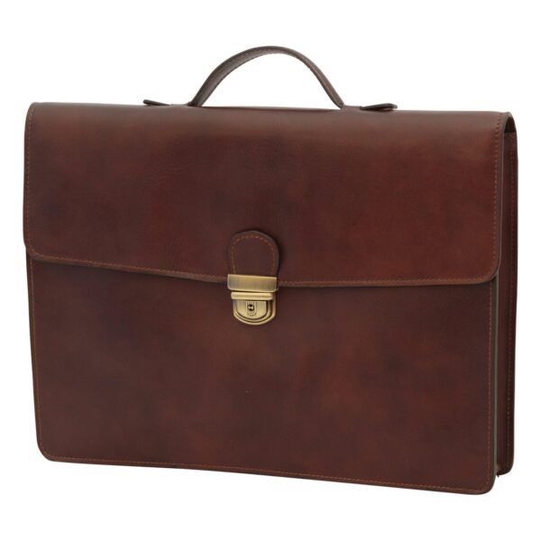 A classic three-quarter view of a dark tan leather briefcase, featuring a structured top handle and an elegant brass-toned metal clasp on the front flap.