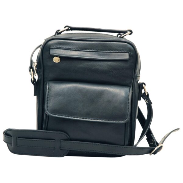 `Black genuine leather compact crossbody bag with front flap pocket, slip pocket, Made in Italy badge, silver hardware, top carry handle and adjustable shoulder strap, front angle view`