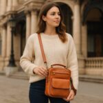 Unisex full-grain calfskin leather satchel with adjustable shoulder strap, magnetic flap, and multiple compartments for work, travel, and daily essentials