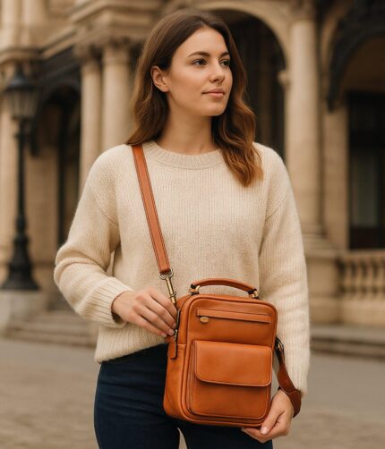 Unisex full-grain calfskin leather satchel with adjustable shoulder strap, magnetic flap, and multiple compartments for work, travel, and daily essentials