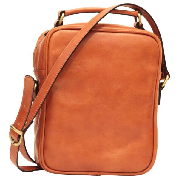 `Tan genuine leather compact crossbody bag back view showing adjustable shoulder strap, antique gold hardware clips and slip pocket, clean back panel view`