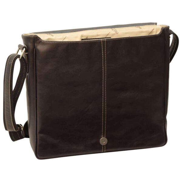 A front view of the dark brown leather messenger bag with the main flap tucked back, showing a vertical decorative seam down the center that ends at a round magnetic snap closure.