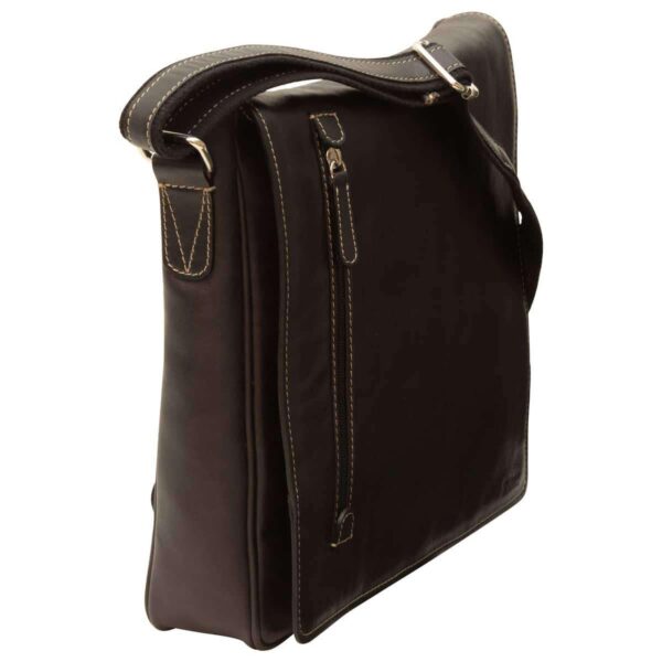An angled side view of a dark brown leather messenger bag with a front flap featuring a vertical zippered pocket and a matching shoulder strap with silver-toned hardware.
