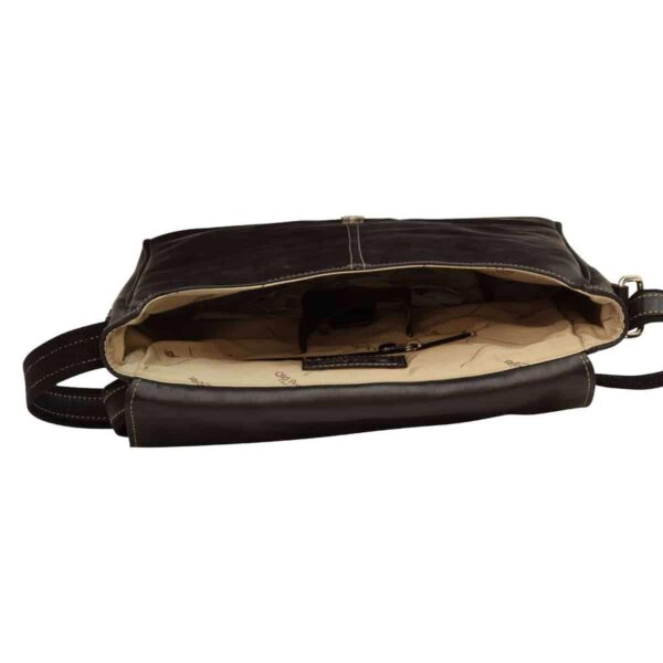 An overhead view looking into the open compartment of a dark brown leather messenger bag, revealing a light tan fabric lining patterned with "Old Angler" branding and internal organizational pockets.
