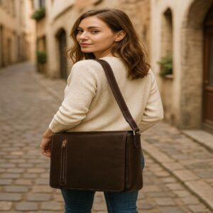 Italian full-grain leather messenger bag with multiple pockets, adjustable shoulder strap, and secure clasp closure for office, travel, and daily use